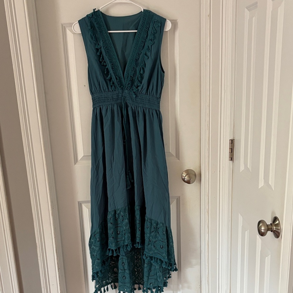 Cupshe Deep Teal High Low Dress with Lace Detail